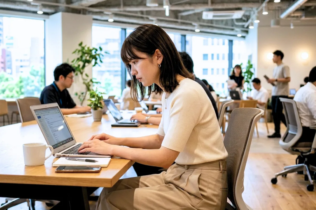 前かがみ姿勢でパソコン作業をする女性