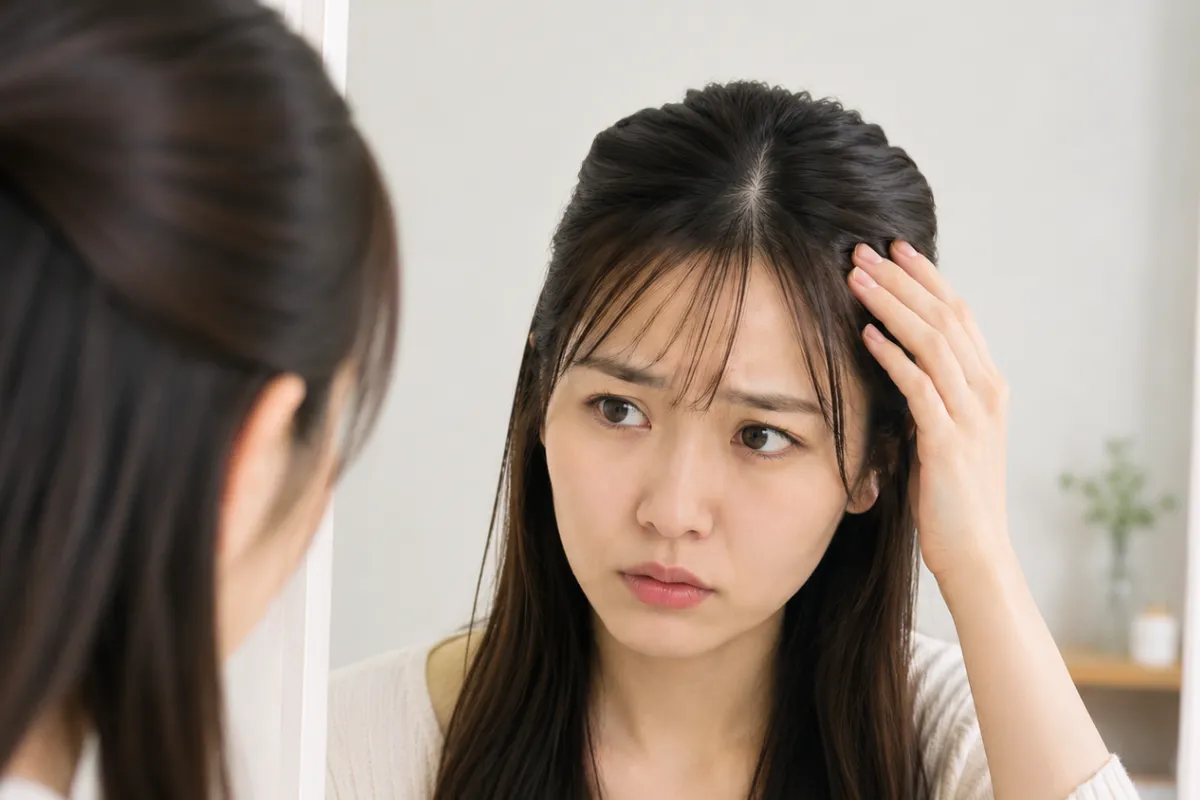 ハチ張りを気にして鏡で頭の形を確認する女性