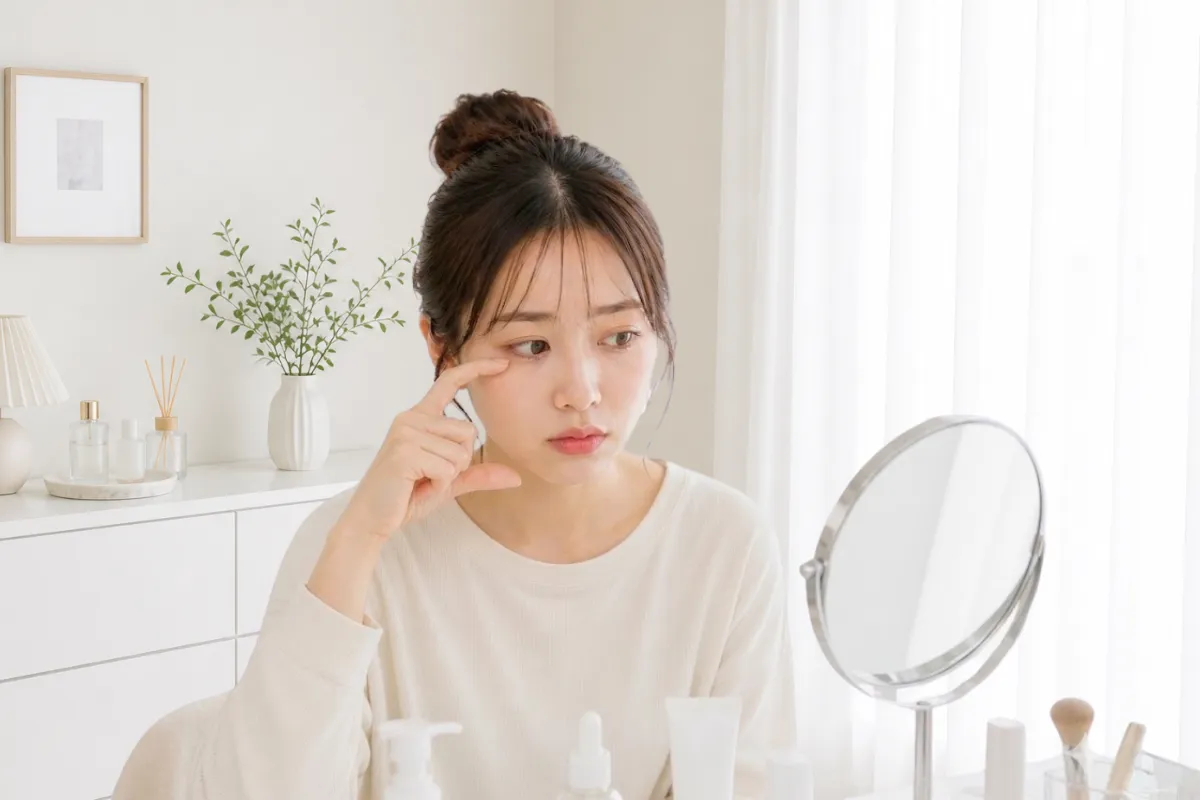 鏡を見て面長を気にする女性