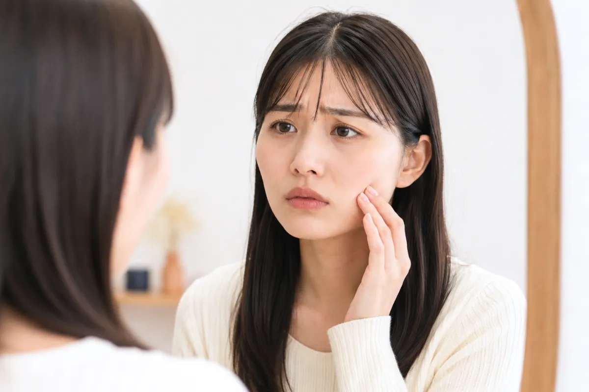 頬骨の張りを気にして頬に触れる女性