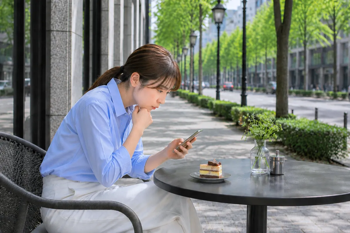 スマートフォンを見ながら悩む女性