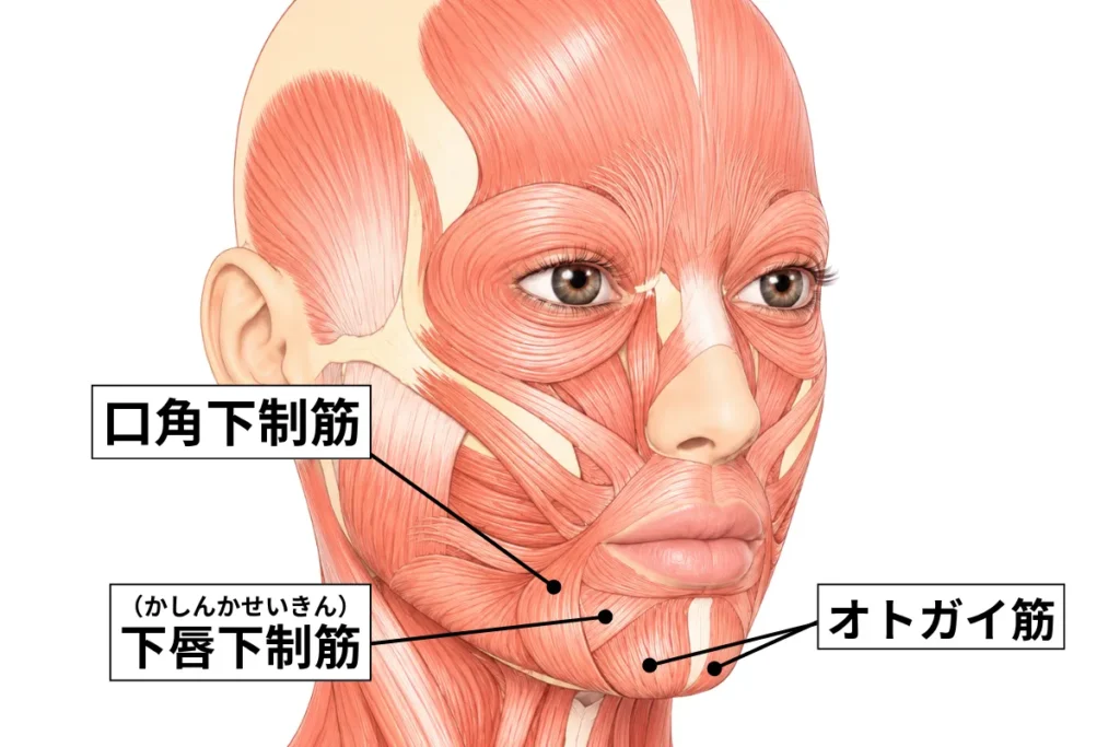 口角下制筋・下唇下制筋・オトガイ筋の位置を示した顔の筋肉図