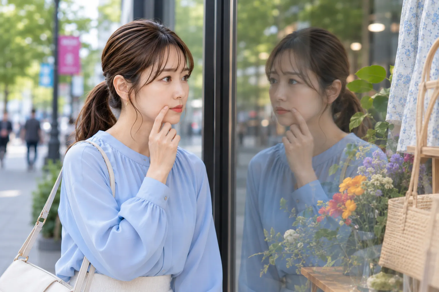 口角の下がりを気にしてショーウィンドウに映る顔を確認する女性